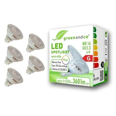 Afbeelding van 5x greenandco® CRI90+ 3000K 110 LED spot vervangt 25W GU5.3 MR16, 6W 360lm warm wit 12V AC/DC, flikkervrij, niet dimbaar