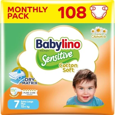 Afbeelding van Babylino Sensitive Cotton Soft Luiers, Maat 7, Extra Large Plus (15 + kg), 108 Stuk