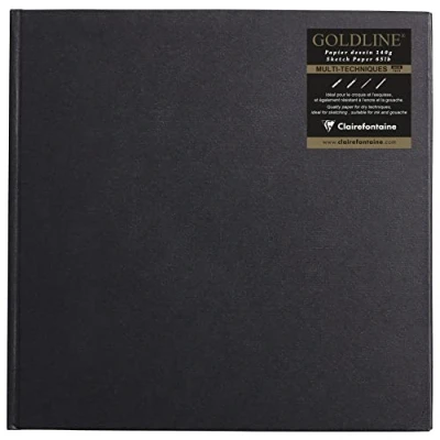 Afbeelding van Clairefontaine Ref 34251C Goldline Casebound Square Pad (64 Ivory Sheets) 25 x 25cm formaat, 140gsm papier, vierkante lay out zwarte omslag geschikt voor droge technieken