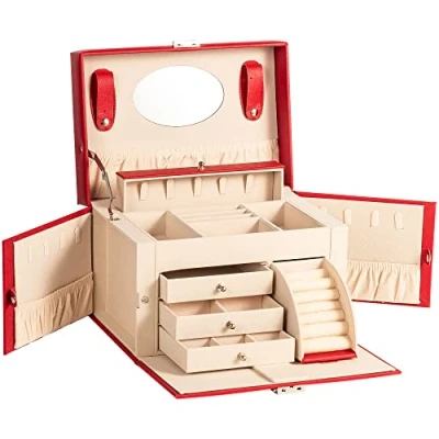 Afbeelding van AdelDream sieradendoos, groot, afsluitbaar met spiegel, sieradendoosje voor ringen, oorbellen, geschenken, grote afsluitbaar, rood