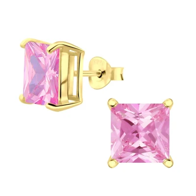 Afbeelding van JoyS Zilveren vierkant oorbellen 8 mm zirkonia roze 14k goudplating