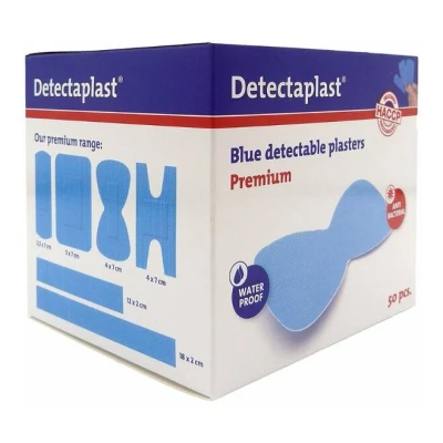 Afbeelding van Detectaplast blauwe vlinderpleisters Premium, metaaldetecteerbare, waterdichte en vuilwerende pleisters sensitive, voor de voedingsindustrie, catering grootkeuken, 68 x 38 mm, 50 stuks