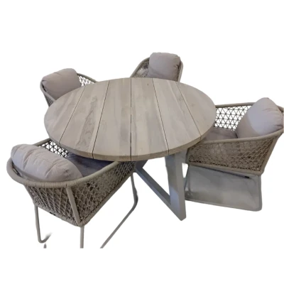 Afbeelding van Tuinset Dylan tafel Linen, teak dia. 140 cm met 4 stoelen Bara stoel salix, rope flax beige AW Yoi