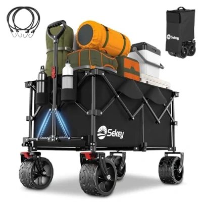 Afbeelding van Sekey XXL Plus Opvouwbare Bolderwagen met remmen 200L 150KG draagvermogen, 17x10 cm extra brede banden voor alle terreinen, Gepatenteerd opvouwbaar in VIER richtingen, PlusB 4011, Zwart