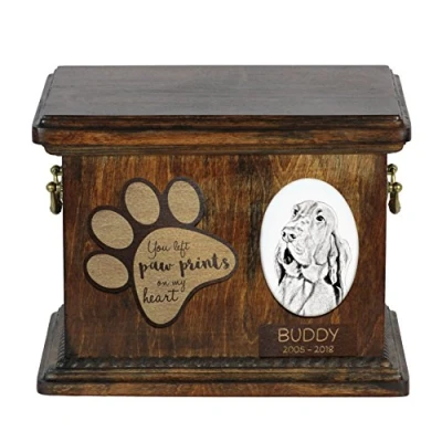 Afbeelding van Art Dog Custom Memorial Urn Handgemaakt Koud Gegoten Bronzen Portret op Berken Basis met Gepersonaliseerde Keramische Plaat 8,3x11,4x8,7 Bloedhond
