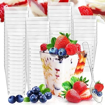 Afbeelding van NCKIHRKK 60 stuks dessertglazen, 160 ml, dessertkommen, set met lepels, herbruikbare plastic dessertbekers voor dessertfeest, pudding, mousse, ijsbeker
