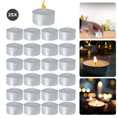 Afbeelding van Cheqo® Theelichten 8 Uur Waxinelichtjes Kaarsjes Witte Theelichtjes Set Lange Brandduur Kaarsen 25 Stuks Inclusief EBOOK