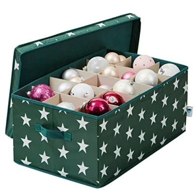 Afbeelding van LOVE IT STORE Opbergdoos voor kerstballen, doos kerstdecoratie, van stof, versterkt met karton, 30 vakken, donkergroen sterren, 58 x 36 25 cm