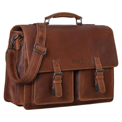 Afbeelding van STILORD &#039;Clarence&#039; Leather Business Bag Men Vintage Briefcase Grote schoudertas voor 15,6 inch laptop en breedte DIN A4 map Trolley Bevestigbaar, Kleur:porto cognac