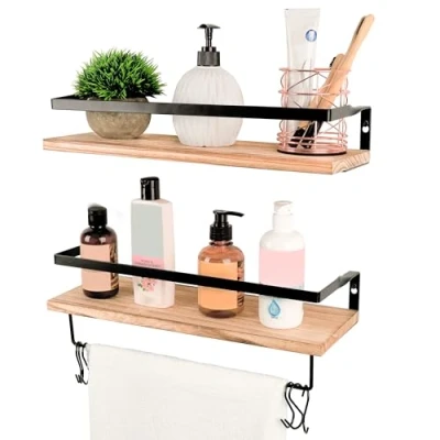 Afbeelding van Belle Vous 2 Pak Houten Muur Gemonteerde Zwevende Planken met 6 Haken 42 cm Lang Rustieke Display Opslag Set voor Slaapkamer, Woonkamer, Keuken, Badkamer of Kantoor