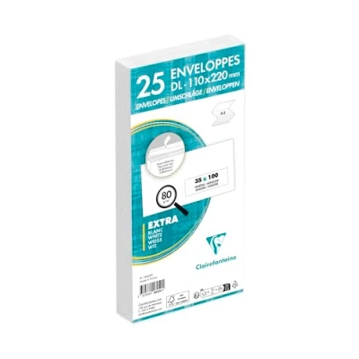 Afbeelding van Clairefontaine 10625C Pakket van 25 witte enveloppen DL formaat (110x220 mm) Zelfklevend 80g/m² Transparant papieren venster 35x100 mm (positie 20/20).