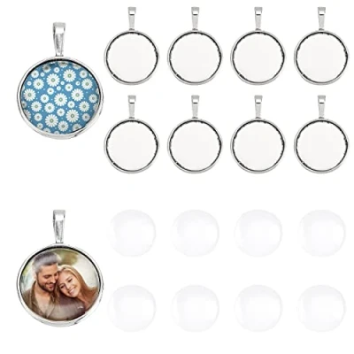 Afbeelding van PandaHall 10 stuks 25 mm rond transparant helder glas cabochon koepel tegels met hanger trays afdekking fotohanger productie antiek zilver