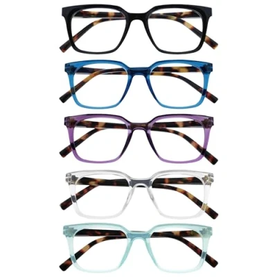 Afbeelding van OPULIZE KOI Leesbrillen 5 Pack Groot Rechthoekig Montuur Zwart Blauw Paars Helder Aqua Heren Dames Veerscharnieren RRRRR50 135CQ +3.50