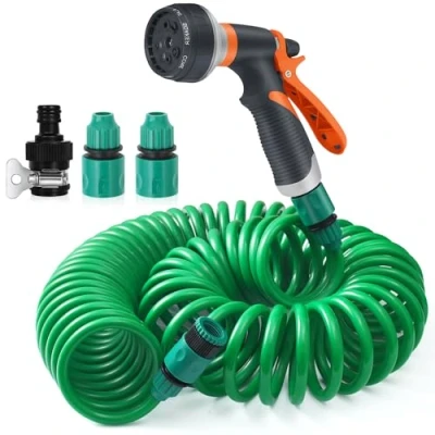 Afbeelding van Flexibele tuinslang, 15 m spiraalslang, complete set met 8 functies, sproeier, tuinsproeier, sproeikop, tuinirrigatie voor autowassen, huisdierdouche, tuinieren