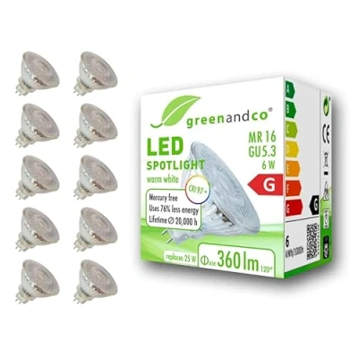 Afbeelding van 10x greenandco® CRI97+ 2700K 110 LED spot vervangt 25W GU5.3 MR16, 6W 360lm warm wit 12V AC/DC, flikkervrij, niet dimbaar