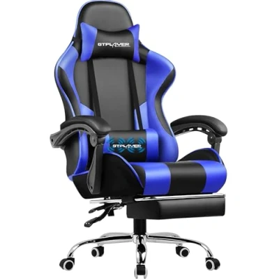 Afbeelding van GTPLAYER Bureaustoel, gamingstoel, ergonomische gamerstoel met voetensteun, hoofdsteun, lendenkussen, gevoerd, draaistoel, blauw