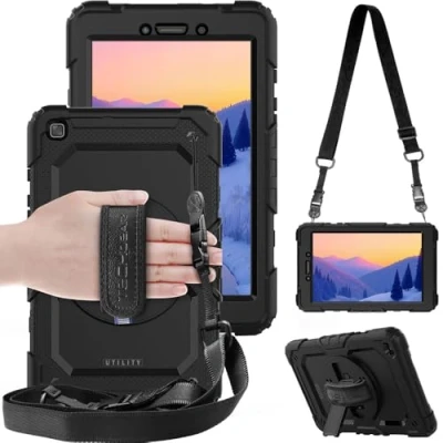 Afbeelding van TECHGEAR UTILITY hoes Compatibel met Samsung Galaxy Tab A 8.0 2019 SM T290 / T295) Stoere, Robuuste, Schokbestendige Hoesje 360 Roterende Stand, Handriem en Schouderriem Case Zwart