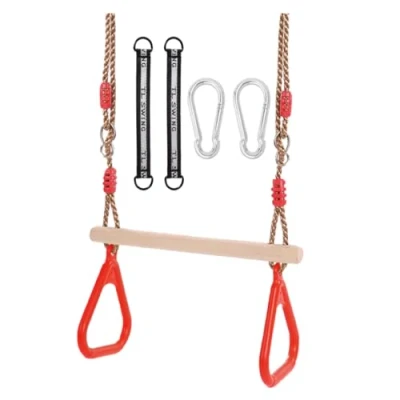 Afbeelding van Morwealth Multifunctionele houten trapeziumschommel met kunststof ringen, turnringen, ringen om op te hangen, belastbaar tot 120 kg, voor binnen en buiten, rood