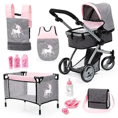 Afbeelding van Bayer Design 18333AC Combi poppenwagen, omvormbaar, in hoogte verstelbaar, accessoires, zakje, bedje, draagzak, slaapzak, jeans grijs, roze, unicorn
