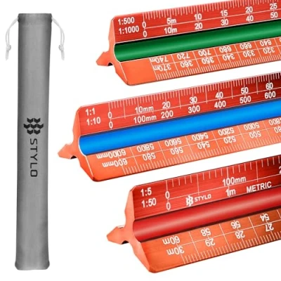 Afbeelding van Aluminium architect schaalliniaal 30 cm liniaal laser geëtste driehoek opstellen met kleurgecodeerde groeven voor blauwdruk, architectonische (rood, metrische