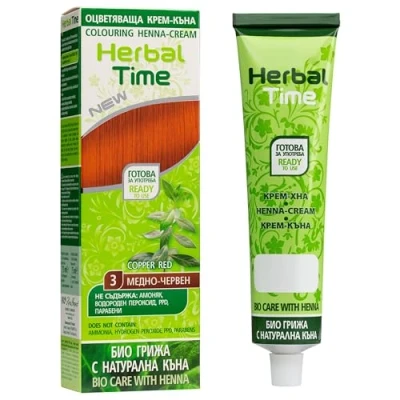 Afbeelding van Herbal Time Haarverf van natuurlijk haar, henna, kleur koperrood, nr. 3, dekt wit semi permanente kleur, zonder ammoniak, sulfaat en parabenenvrij, 75 ml