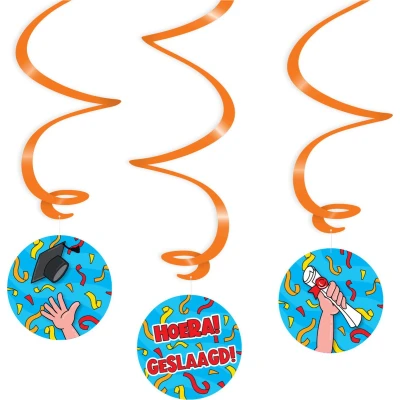 Afbeelding van Hoera Geslaagd Cartoon Decoratie Swirl 3 stuks