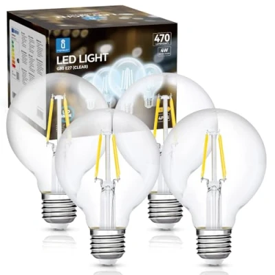 Afbeelding van Aigostar Vintage Filament Lamp LED E27, 4W Equivalent Aan Gloeilamp Van 40W, Wit Licht 6500K, 470 Lumen, Heldere G80 Decoratieve Lamp, CRI&gt;80, Niet Dimbaar, Set 4
