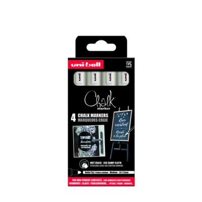 Afbeelding van Uni ball Chalk PWE 5M krijtmarker medium punt wit set 4 stuks