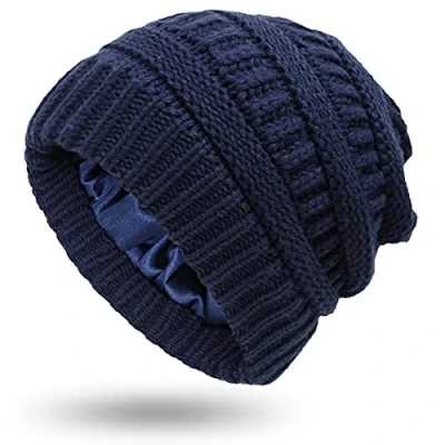 Afbeelding van XRDSS Dames warme winterhoeden unisex satijn gevoerd slouchy kabel gebreide muts, marineblauw, 6 7/8 7