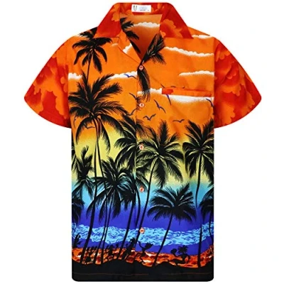 Afbeelding van V.H.O. Funky Hawaïhemd heren korte mouwen voorzak Hawaii print strand palmen diverse kleuren, Beach Orange, XL