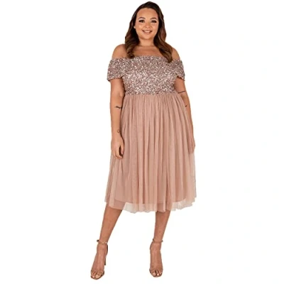 Afbeelding van Maya Deluxe Bardot jurken voor dames, midi hoge empire taille, pailletten, verfraaid, formele avond bruiloftsgast, bruidsmeisje, Taupe Blush, 40