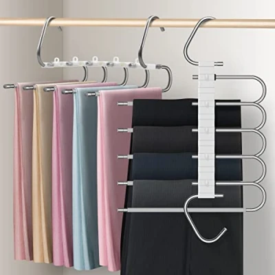 Afbeelding van Broekhangers, kledinghangers, ruimtebesparend, 2 stuks, antislip, magische broekhangers voor sjaals, jeans, broeken, handdoeken (grijs met 10 clips)