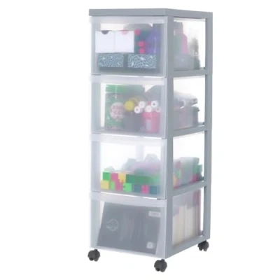 Afbeelding van Iris Ohyama Unidad de almacenamiento plástico con ruedas y 4 cajones profundos, Gris, asas fácil extracción, multiusos, A4, A5, para oficina, hogar, escuela, Torre, Organizador, DC 304