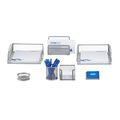 Afbeelding van Relaxdays bureau organizer set van 7 metaal pennenhouder memobox brievenbak zilver