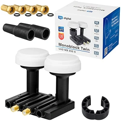 Afbeelding van HB DIGITAL Set Monoblock LNB van Opticum 0,1 dB LNC Direkt 2 Sat Astra 19,2 Hotbird 13 Full HD TV 3D Ultra 4K + rubberen aansluitingen F stekker verguld gratis erbij