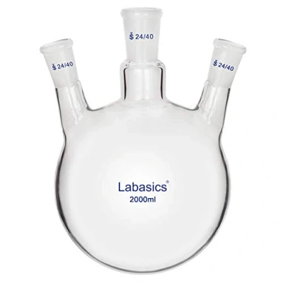 Afbeelding van Labasics Glas 2000 ml 3 hals Rondbodemkolf RBF, met 24/40 Midden en Zijkant Standaard Taps Toelopende Buitenverbinding