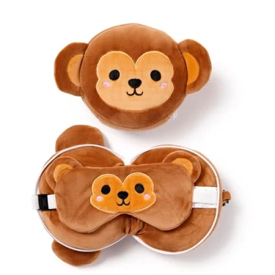 Afbeelding van Relaxeazzz Aap knuffel/reiskussen/slaapmasker 2 in 1 set voor kinderen vliegtuig of auto