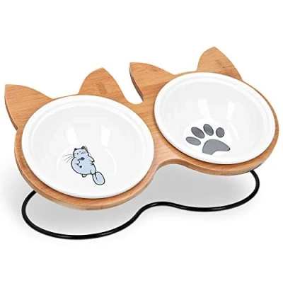 Afbeelding van Navaris verhoogde voerbakset met standaard 2 keramische voerbakken kattenkopjes houder van bamboe en metaal Dubbele kattenvoerbak Antislip