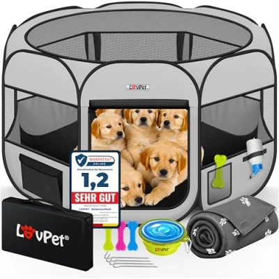 Afbeelding van Puppybox Dierenren Opvouwbaar voor Kleine Dieren Honden Katten Incl. Hondenbak en Fleece Deken Hondenren Buitenren Oxford Stof Pop up Systeem Binnen &amp; Outdoor, Lichtgrijs/Zwart