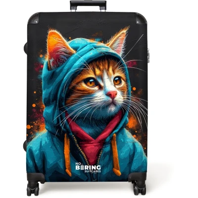 Afbeelding van NoBoringSuitcases.com® Koffer groot Reiskoffer lichtgewicht Graffiti kat met blauw vest Rolkoffer 4 wielen Grote trolley XL 98 liter bagage