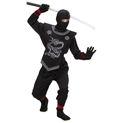 Afbeelding van Widmann Kinderkostuum Black Ninja, top met linten, broek borstbeschermer, masker, carnaval, themafeest
