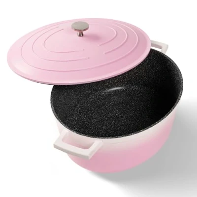 Afbeelding van STONELINE roze braadpan inductie 32 cm, 6,6 L, met deksel, gegoten aluminium pan echte steendeeltjes, stoofpan geschikt voor de oven, braadkleur: