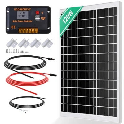 Afbeelding van ECO WORTHY 120 W zonnepaneel kit: 12 V monokristallijn + 30 A zonne laadregelaar 5 m zonnekabel Z bevestigingsklemmen voor camper, caravan, huishouden en off grid systeem