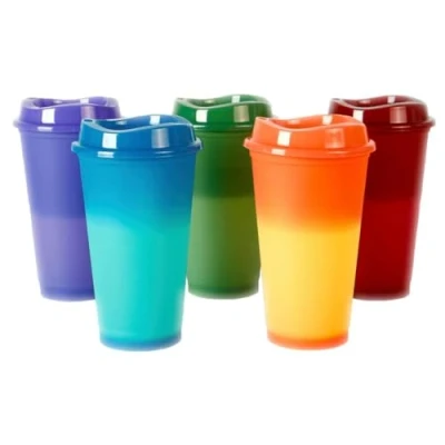 Afbeelding van JZF Herbruikbare van kleur veranderende koffiekopjes, 5 stuks 16oz/473 ml plastic bekers met deksels, duurzaam en spatwaterdicht water reisbeker om te gaan koffiekopje
