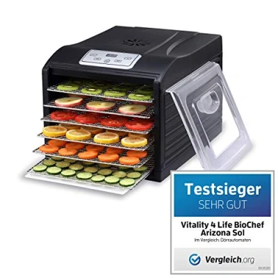 Afbeelding van BioChef Arizona Sol Voedseldroger met 6 sleuven van roestvrij staal Plus digitale timer + thermostaat, 1 x anti aanbakfolie, fijnmazige inlegmat, opvangplaat (zwart)
