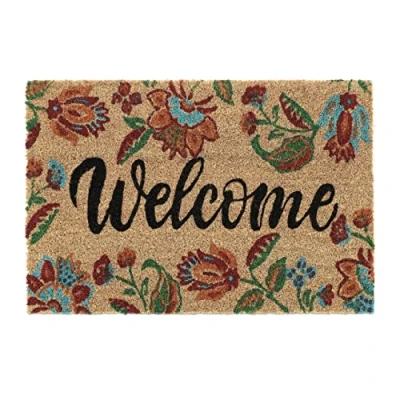 Afbeelding van Relaxdays deurmat kokos, bloemen, Welcome opschrift, 40x60 cm, antislip schoonloopmat voor binnen &amp; buiten, kleurrijk