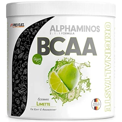 Afbeelding van BCAA poeder 300 g LIMET Alphaminos 2:1:1 drank met 8000 mg ongelooflijk lekkere smaak, essentiële aminozuren (EAA) leucine, isoleucine en valine veganistisch laboratorium getest