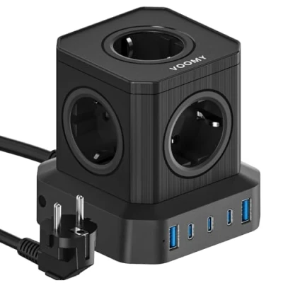 Afbeelding van Voomy Cube 65W Stekkerdoos 3 USB C &amp; 2 A Poorten 5 Stopcontacten Aan / Uit schakelaar Snellader voor Laptop, Telefoon Tablet Powercube Oplader, Adapter, Verlengsnoer Zwart