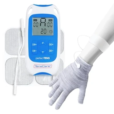 Afbeelding van TensCare Perfect TENS Klinisch getest apparaat voor pijnverlichting van rug , heup been arm artritis en ischiaspijn. Inclusief handschoen in de hand, groot