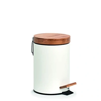 Afbeelding van Zeller Pedaalemmer 3L wit metaal en bamboe 24 cm Pedaalemmers